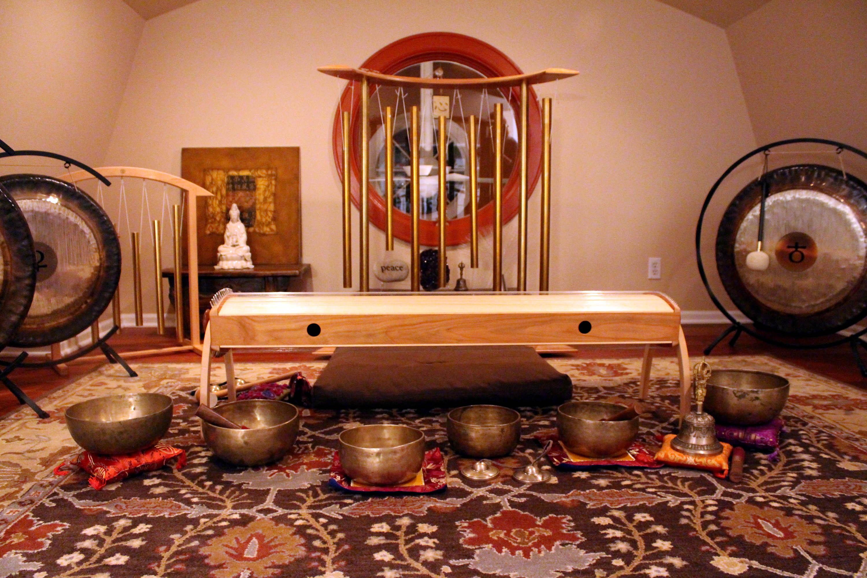 The Cloud Room, where Lee Ann Dzelzkalns leads her private sound journeys, surrounds the participant with her instruments. 
Photo by: Stephanie Wezelman