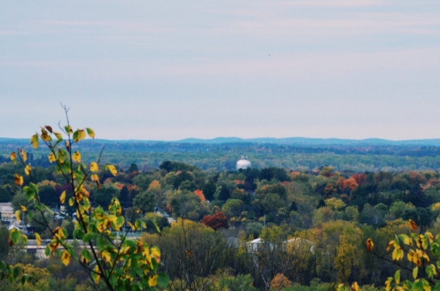 At the top of the hill at Mosquito Hill Nature Center, the city of New London is partially visible.
